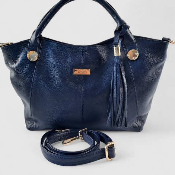 EUC ONNA EHRLICH Tassel Violet Royal Blue Leather Top Handle Satchel Crossbody - Picture 3 of 11